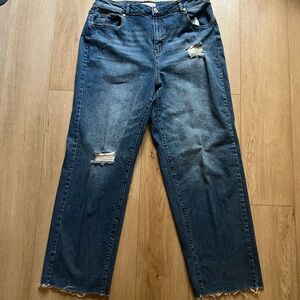 Eloquii Distressed Straight or Wide Leg Jeans in Dark Blue
